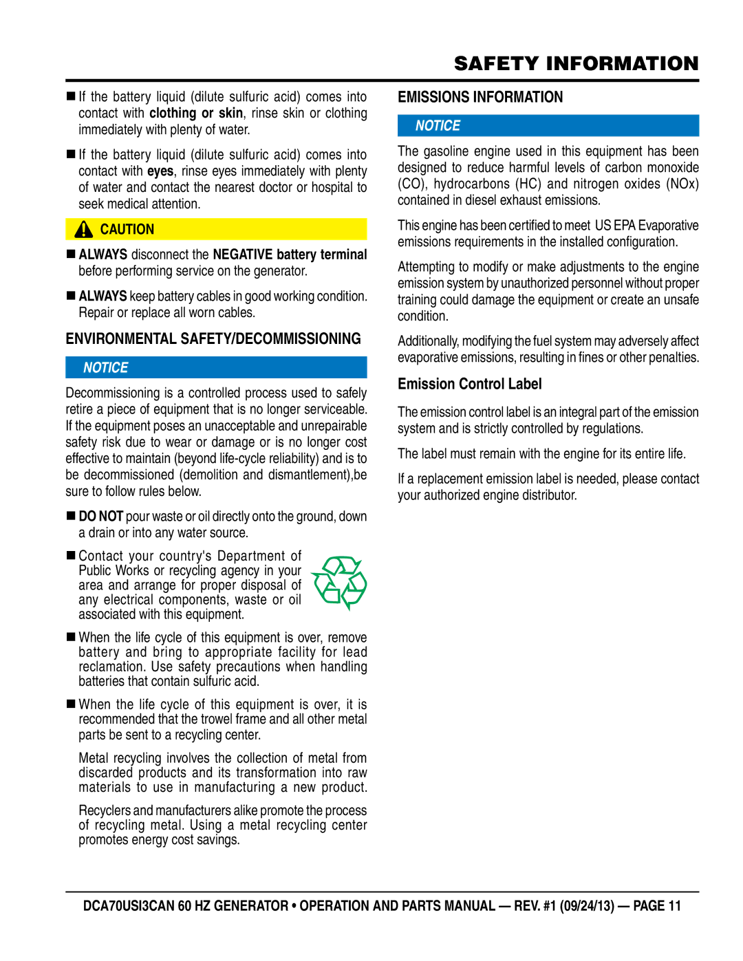 Multiquip DCA70US13CAN manual EnvIronmental SaFetY/DeCommISSIonIng, EmISSIonS InFormatIon, Emission Control label 