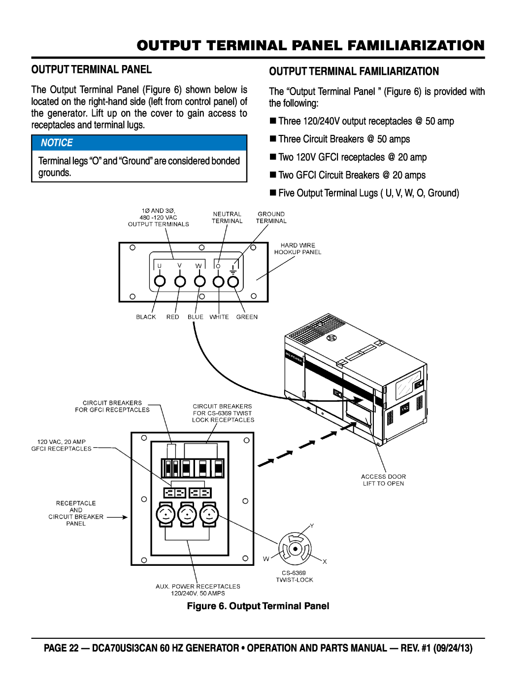 Multiquip DCA70US13CAN manual Output Terminal Panel Familiarization, Output Terminal Familiarization 