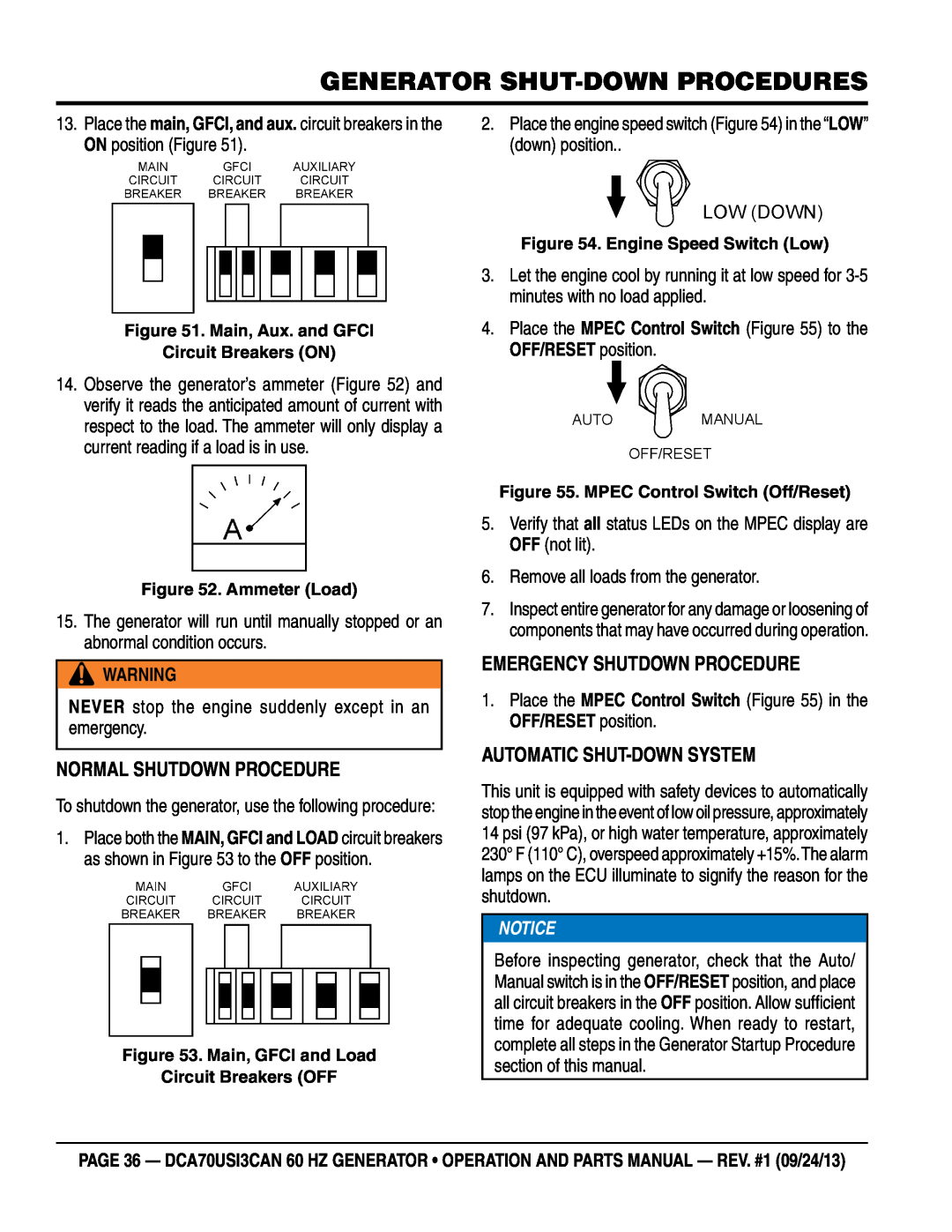 Multiquip DCA70US13CAN manual Generator Shut-Down Procedures, Normal Shutdown Procedure, Emergency Shutdown Procedure 