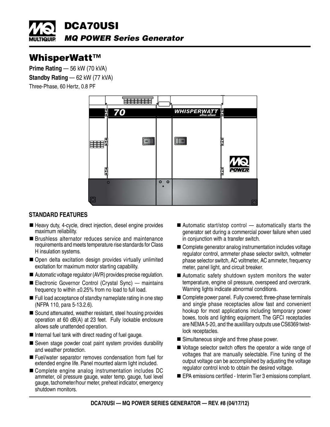 Multiquip manual  DCA70USI, Standard Features 