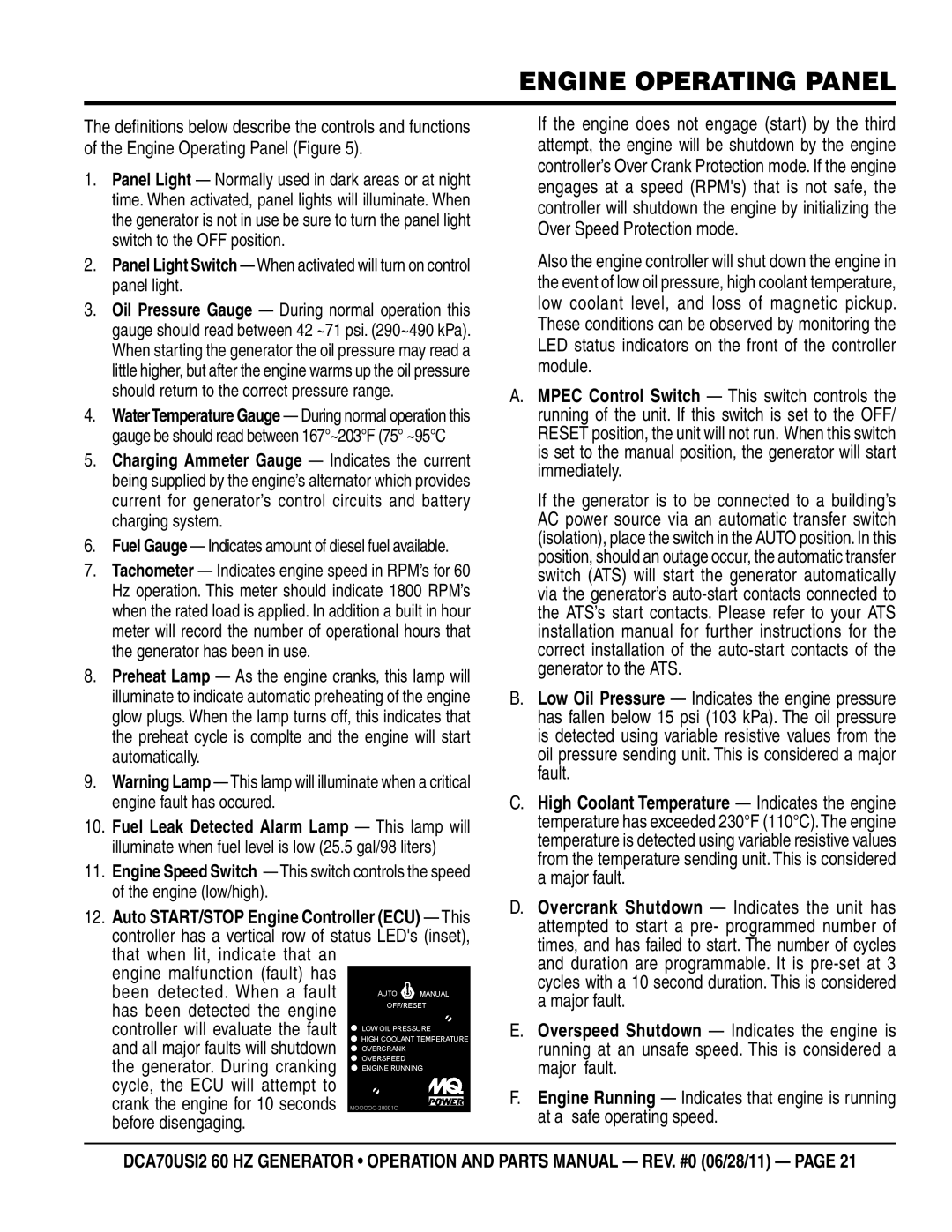 Multiquip DCA70USI2 manual Engine Operating Panel 