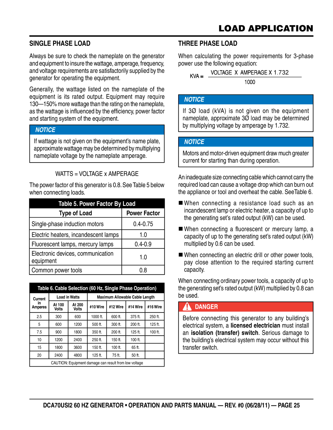 Multiquip DCA70USI2 manual Load Application, Single Phase Load, Three Phase Load 