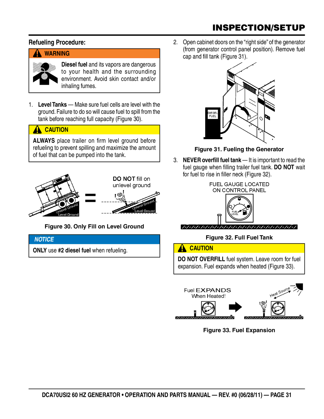 Multiquip DCA70USI2 manual Refueling Procedure, Only use #2 diesel fuel when refueling 