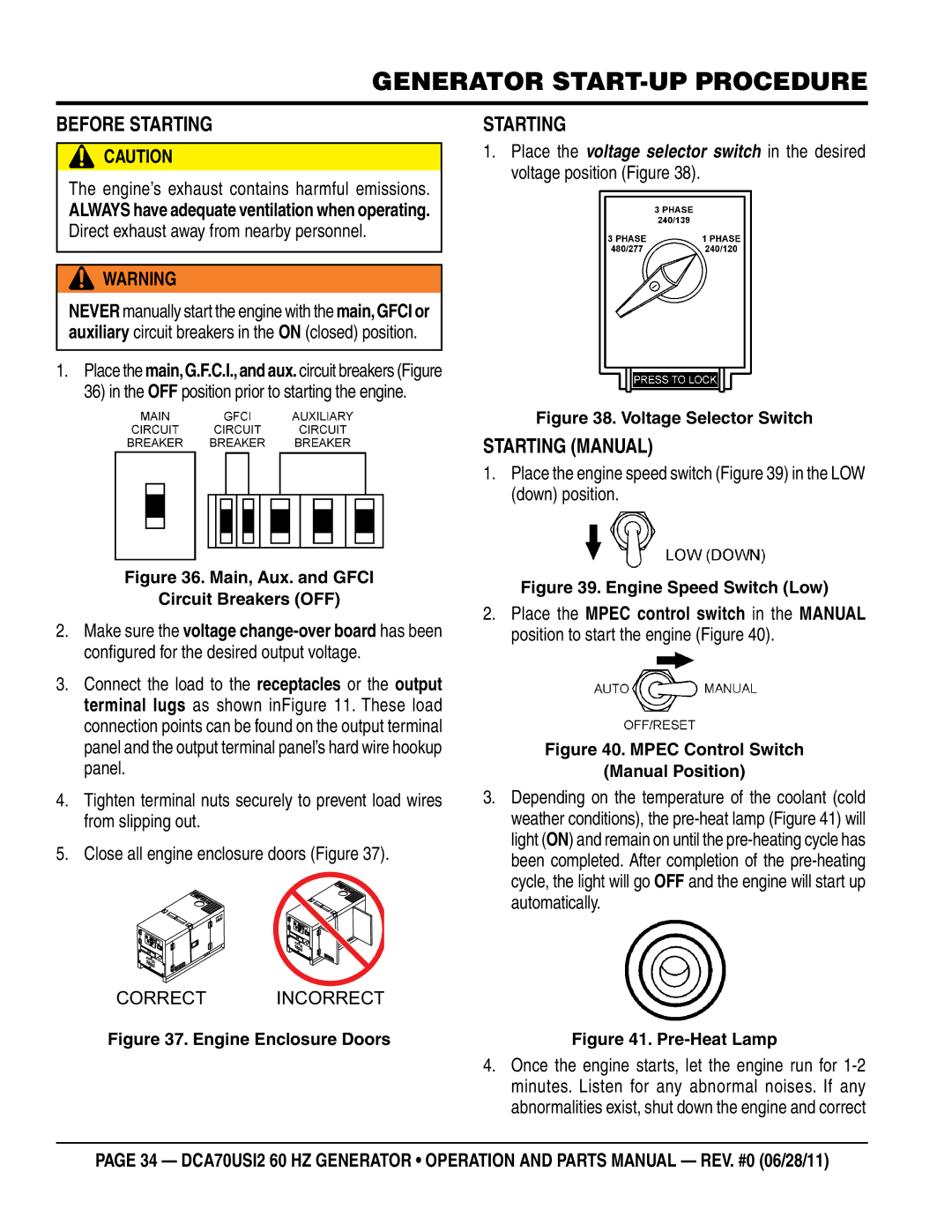 Multiquip DCA70USI2 manual Before Starting, Starting Manual, Engine’s exhaust contains harmful emissions 