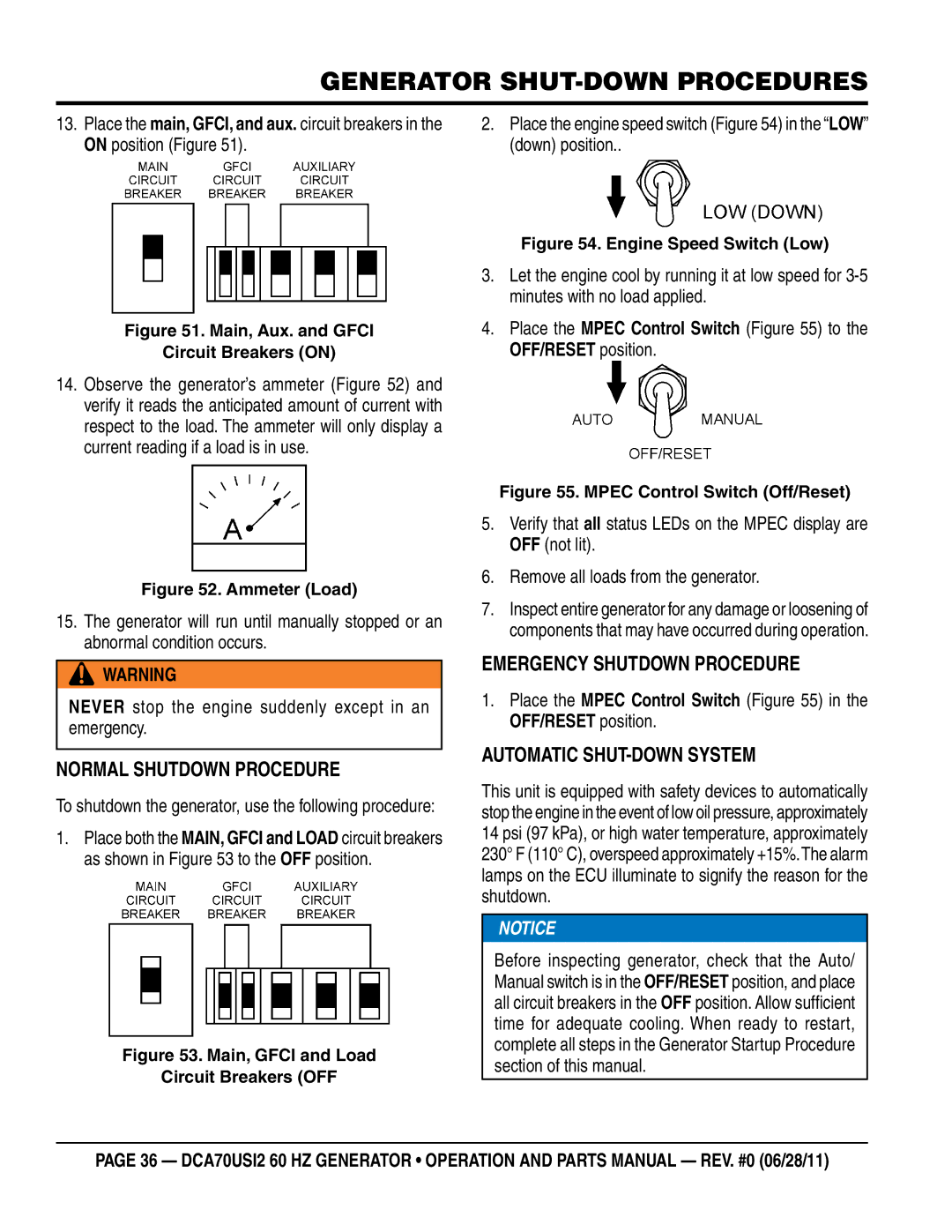 Multiquip DCA70USI2 manual Normal Shutdown Procedure, Emergency Shutdown Procedure, Automatic Shut-down System 