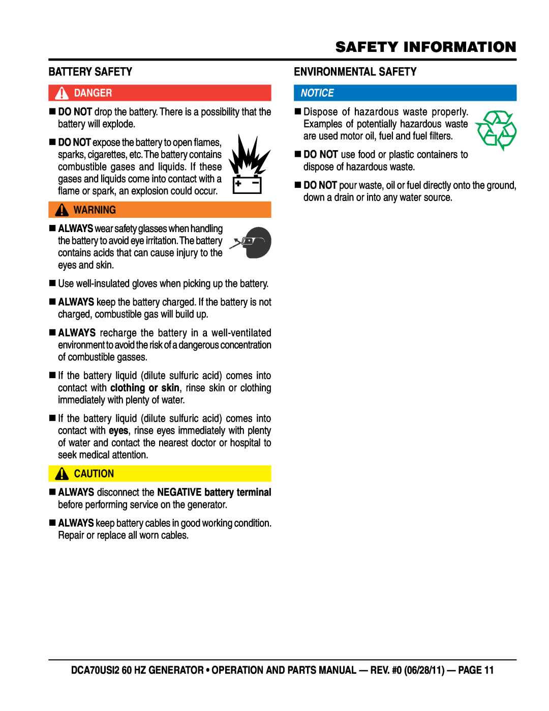 Multiquip DCA70USI2 manual BaTTerY SaFeTY, envIronmenTal SaFeTY, Safety Information, Danger 