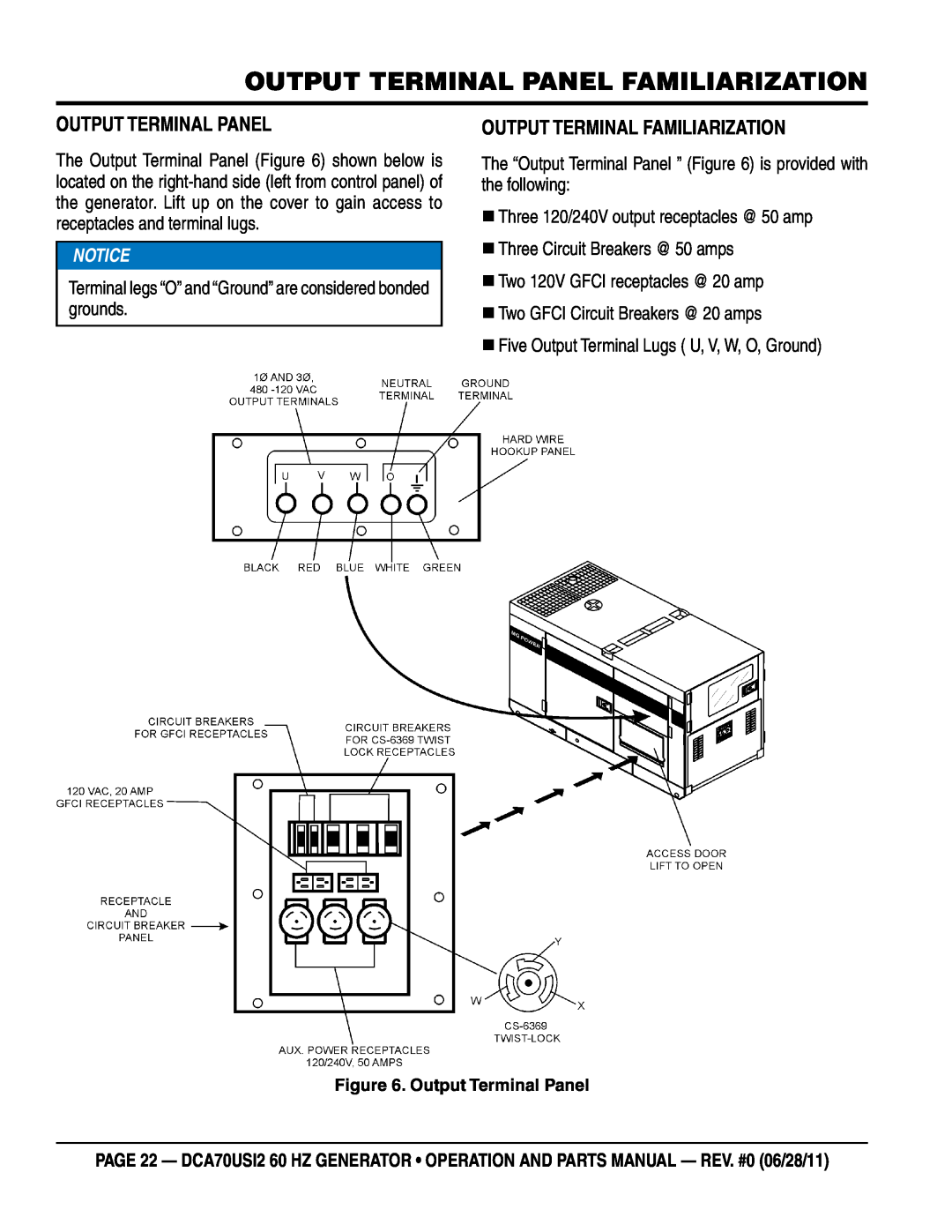 Multiquip DCA70USI2 manual Output Terminal Panel Familiarization, Output Terminal Familiarization 