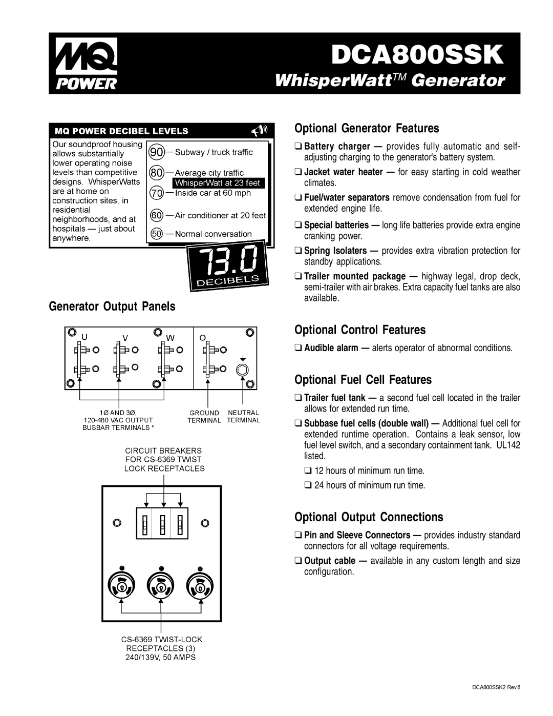 Multiquip DCA800SSK manual Optional Generator Features, Generator Output Panels Optional Control Features 