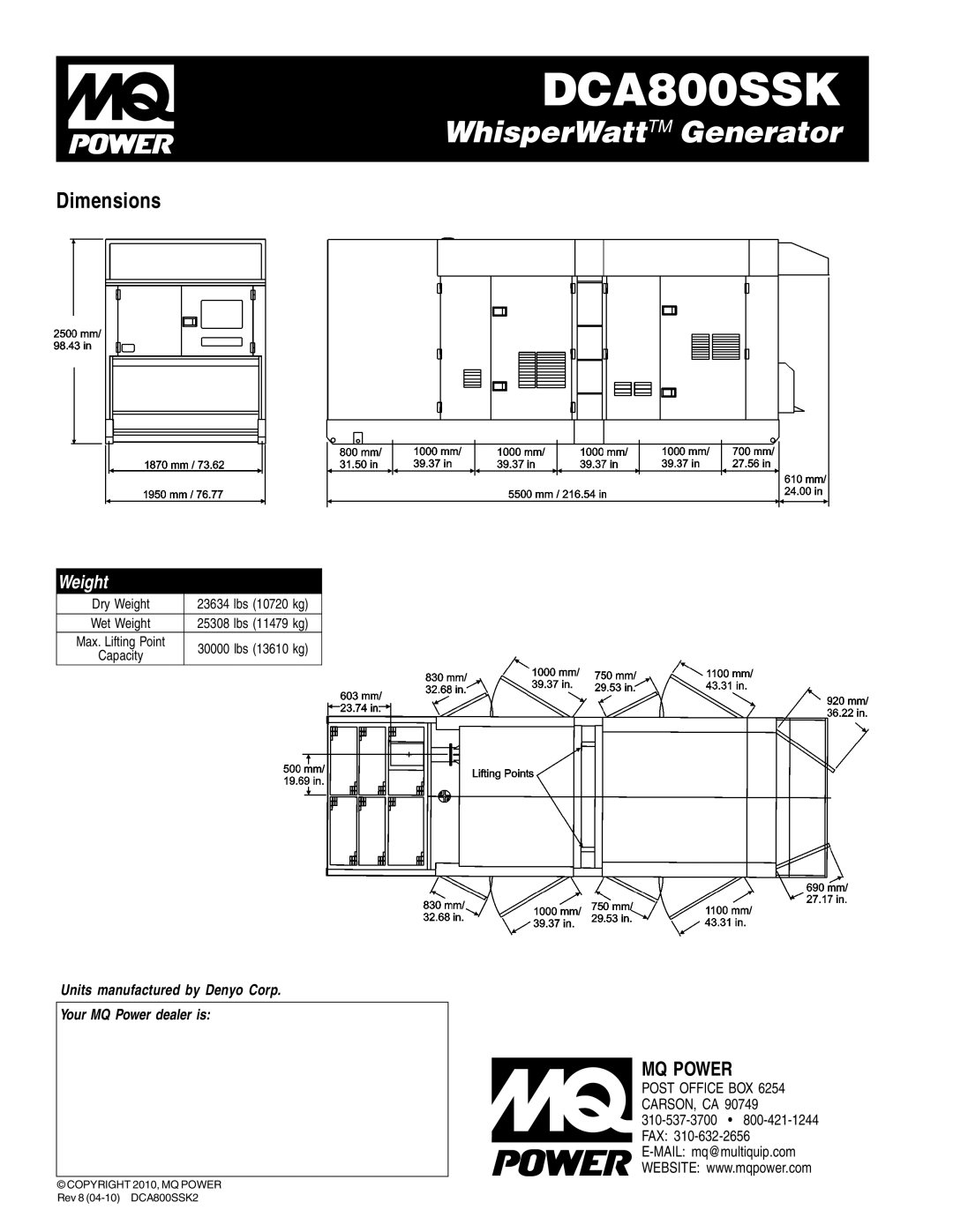 Multiquip DCA800SSK manual Dimensions, Weight 