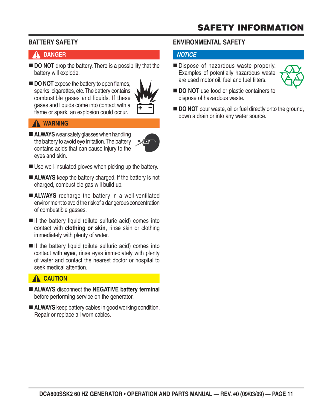 Multiquip DCA800SSK2 manual Battery Safety, Environmental Safety 