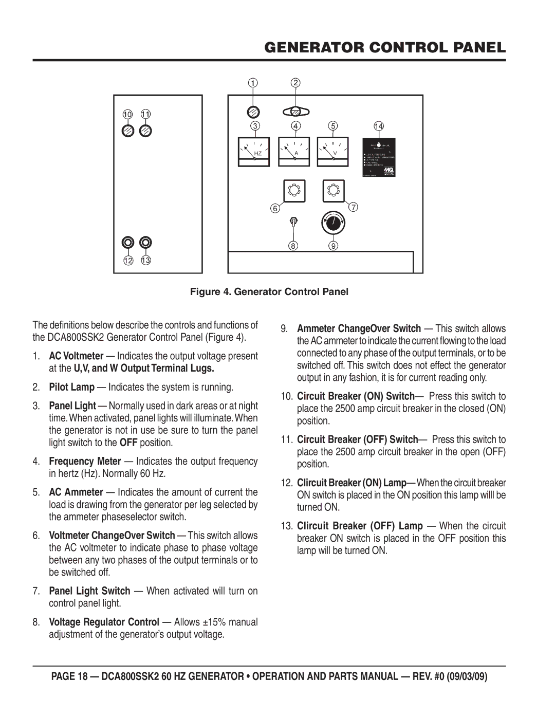 Multiquip DCA800SSK2 manual Generator Control Panel, Pilot Lamp Indicates the system is running 