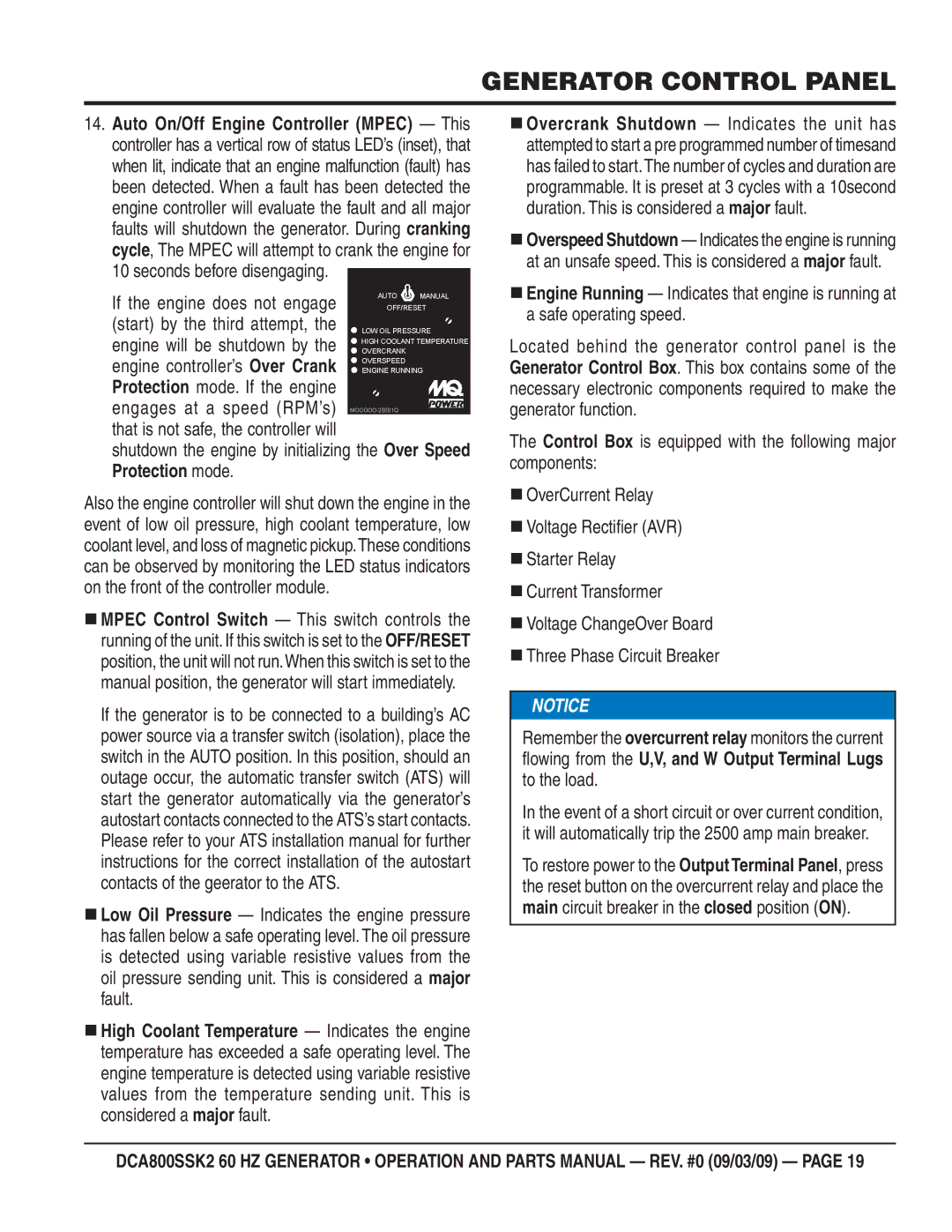 Multiquip DCA800SSK2 manual Owing from the U,V, and W Output Terminal Lugs to the load 