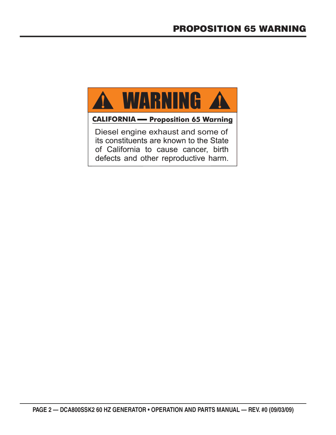 Multiquip DCA800SSK2 manual Proposition 65 Warning 