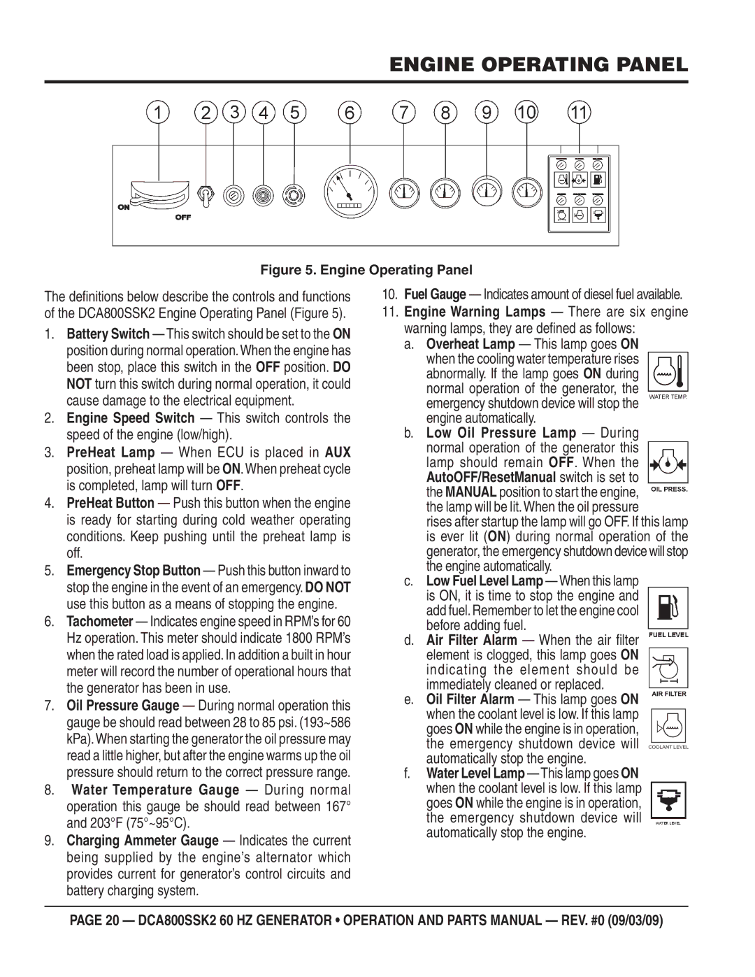 Multiquip DCA800SSK2 manual Engine Operating Panel, Air Filter Alarm When the air ﬁ lter 