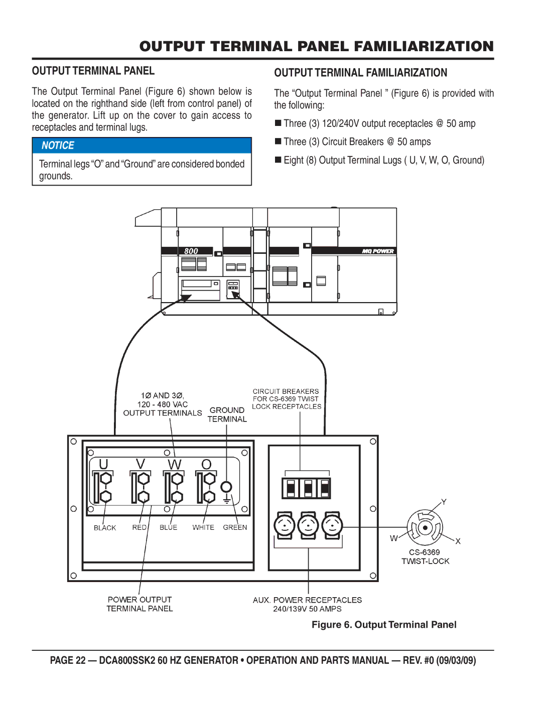 Multiquip DCA800SSK2 manual Output Terminal Panel Familiarization, Output Terminal Familiarization 