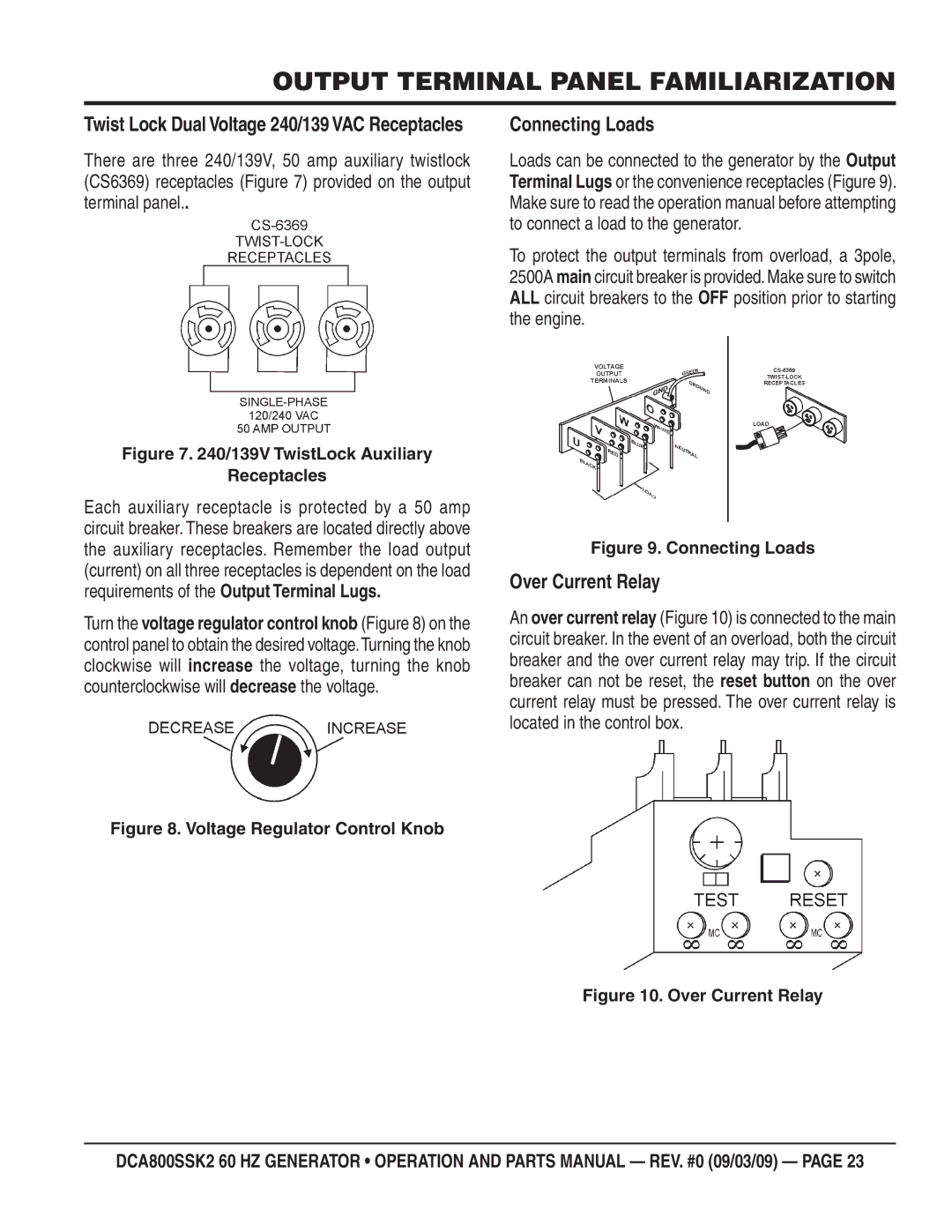 Multiquip DCA800SSK2 manual Connecting Loads, Over Current Relay 