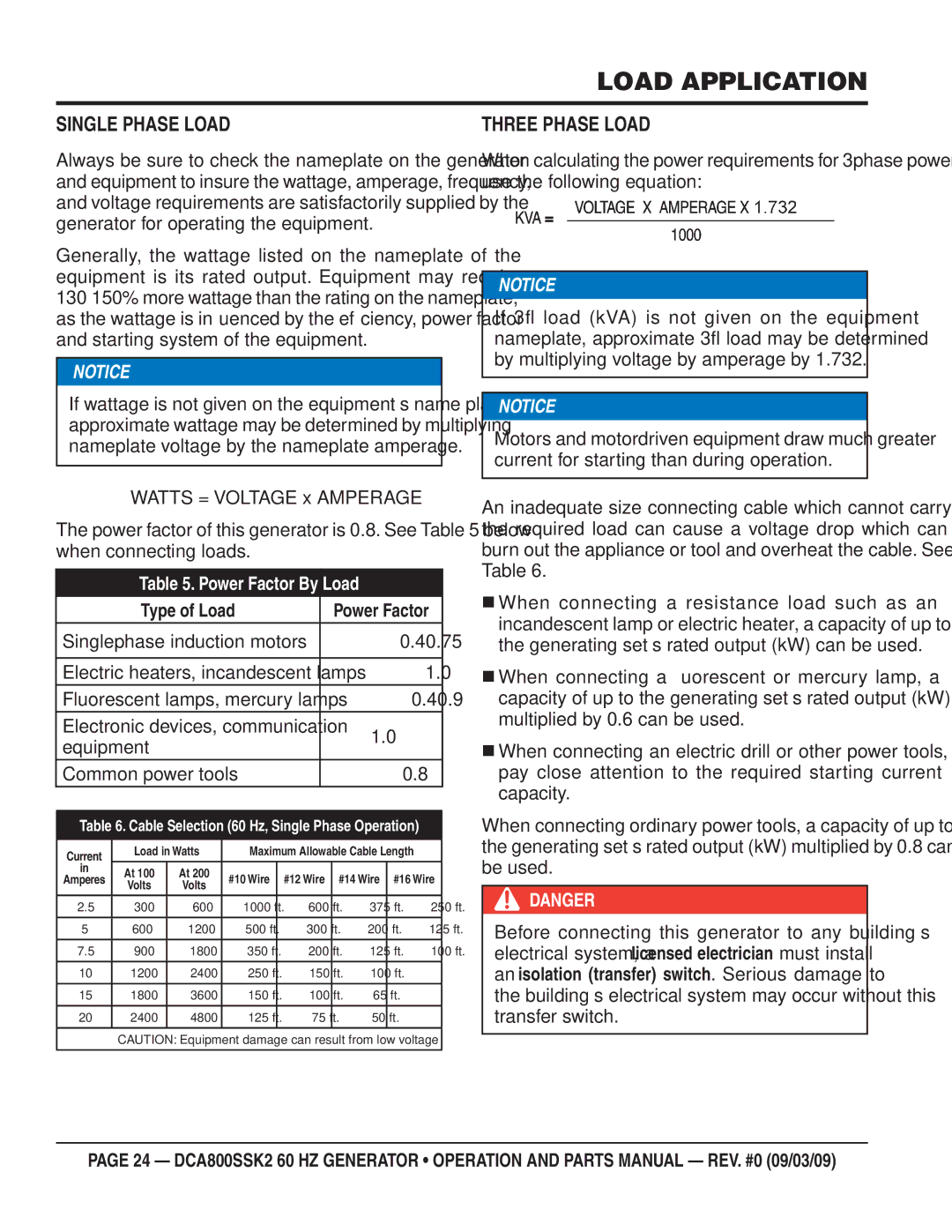 Multiquip DCA800SSK2 manual Load Application, Single Phase Load, Three Phase Load 