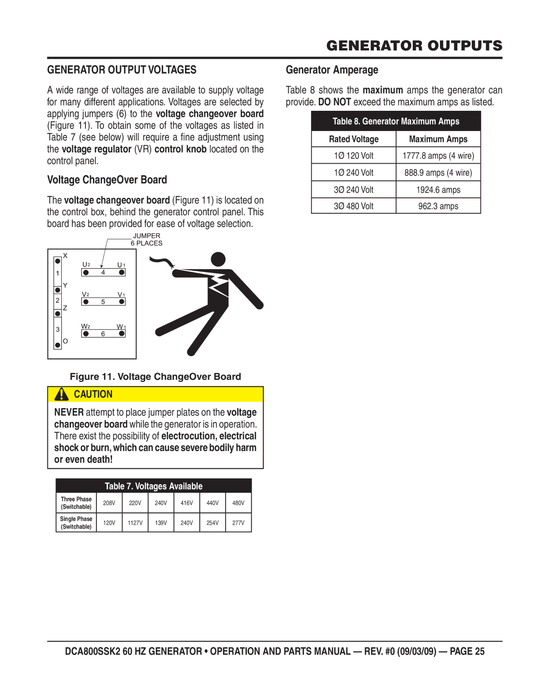 Multiquip DCA800SSK2 manual Generator Outputs, Generator Output Voltages, Voltage ChangeOver Board, Generator Amperage 