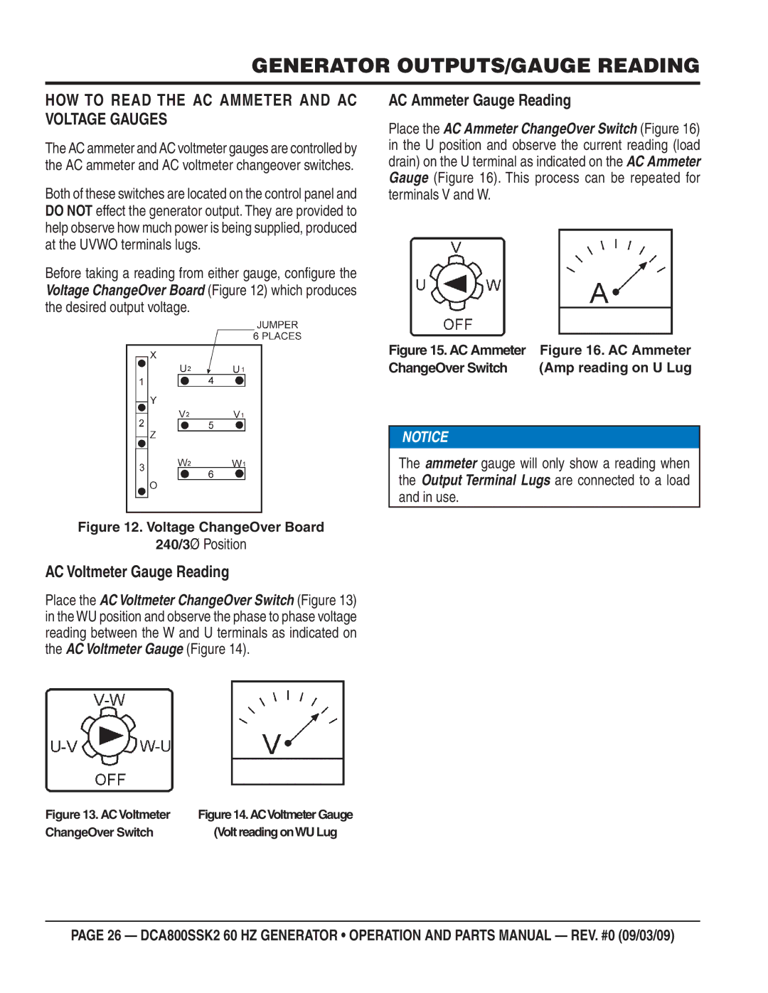 Multiquip DCA800SSK2 Generator OUTPUTS/GAUGE Reading, HOW to Read the AC Ammeter and AC Voltage Gauges, 240/3Ø Position 
