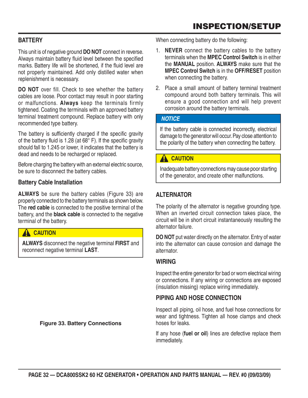 Multiquip DCA800SSK2 manual Battery Cable Installation, Alternator, Wiring, Piping and Hose Connection 