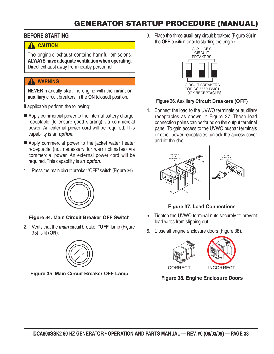 Multiquip DCA800SSK2 Generator Startup Procedure Manual, Before Starting, Engine’s exhaust contains harmful emissions 