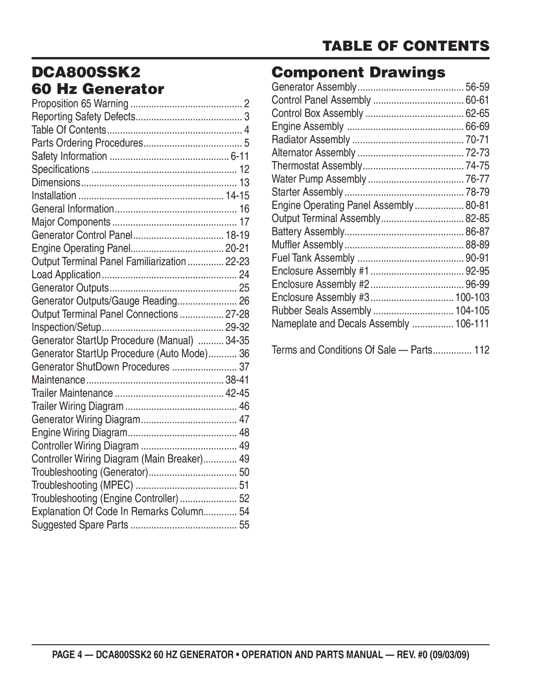 Multiquip DCA800SSK2 manual Table of Contents 