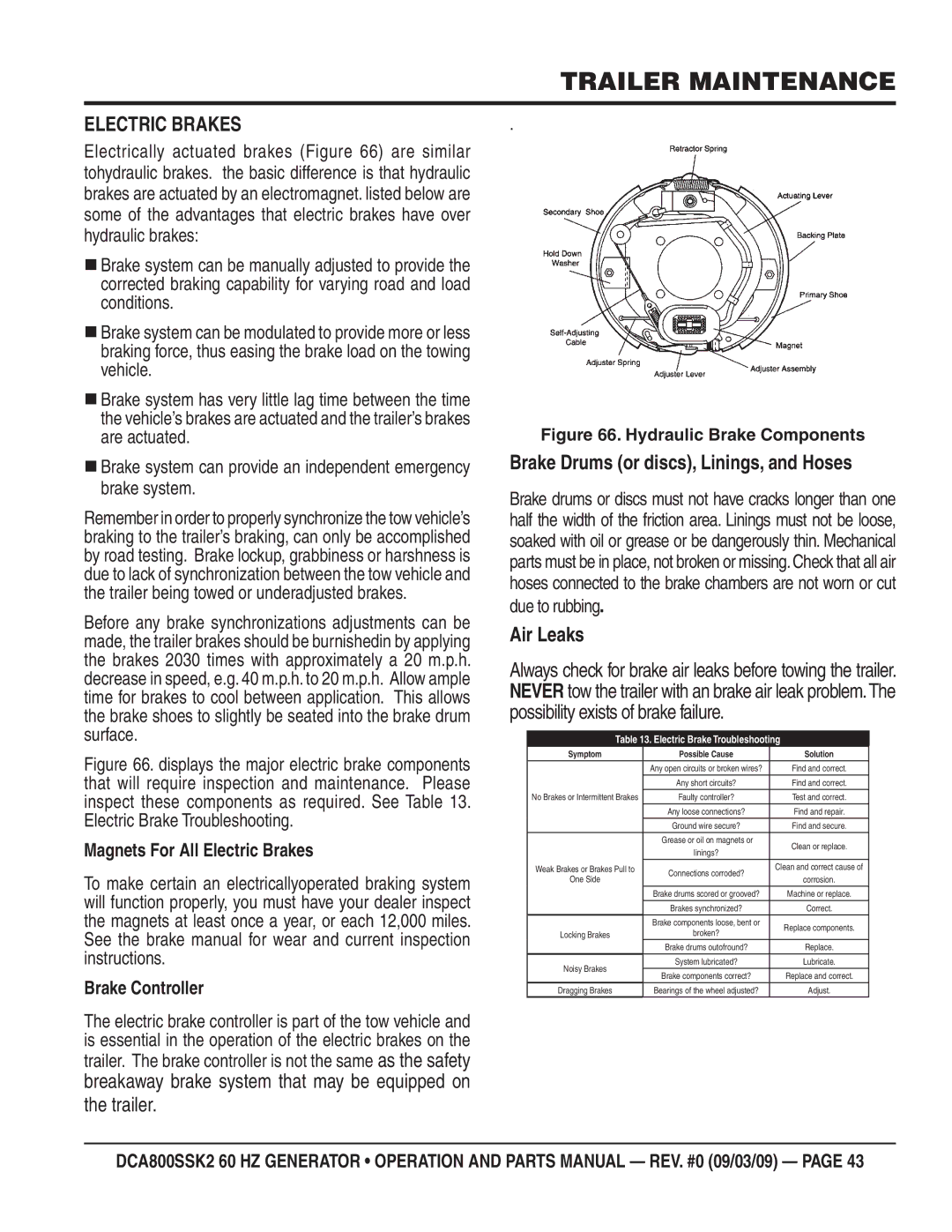 Multiquip DCA800SSK2 manual Electric Brakes, Brake Drums or discs, Linings, and Hoses, Air Leaks 