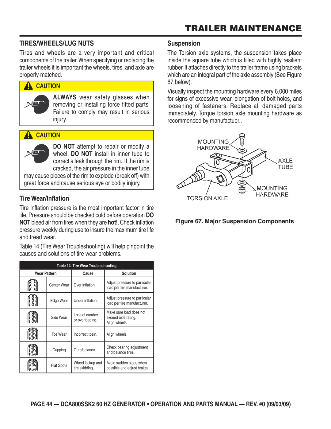 Multiquip DCA800SSK2 manual TIRES/WHEELS/LUG Nuts, Tire Wear/Inﬂation, Suspension 