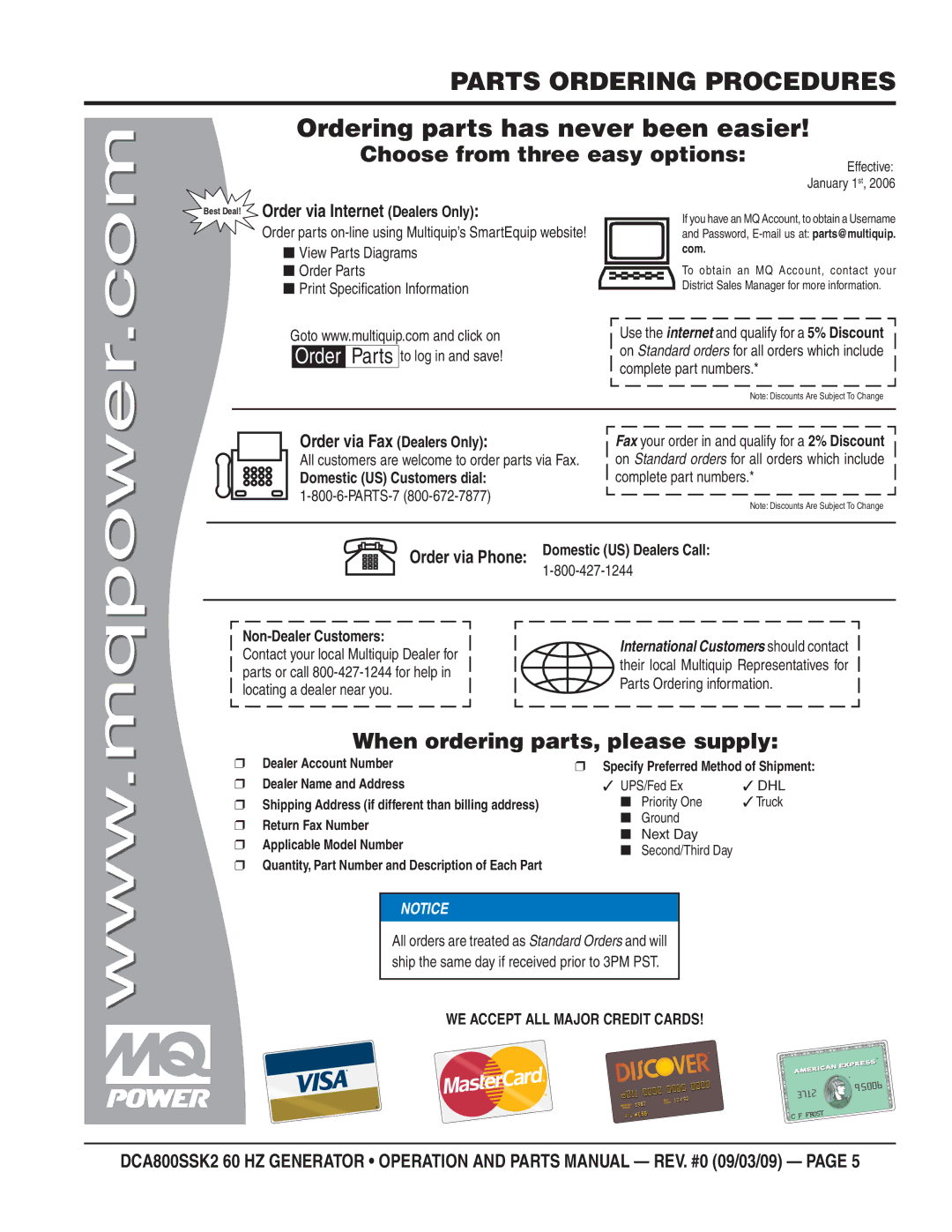 Multiquip DCA800SSK2 manual Parts Ordering Procedures, Ordering parts has never been easier 