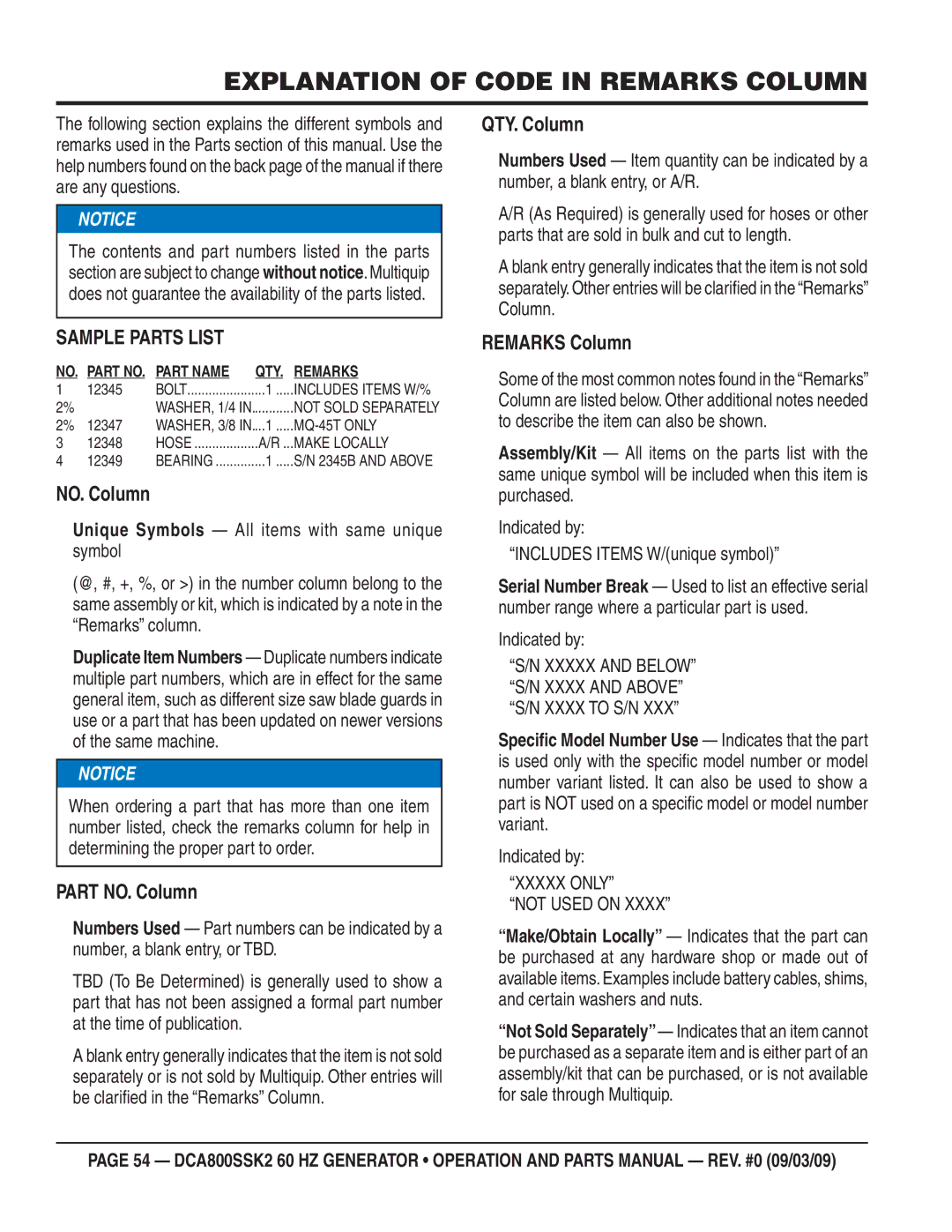 Multiquip DCA800SSK2 manual Explanation of Code in Remarks Column, Sample Parts List 