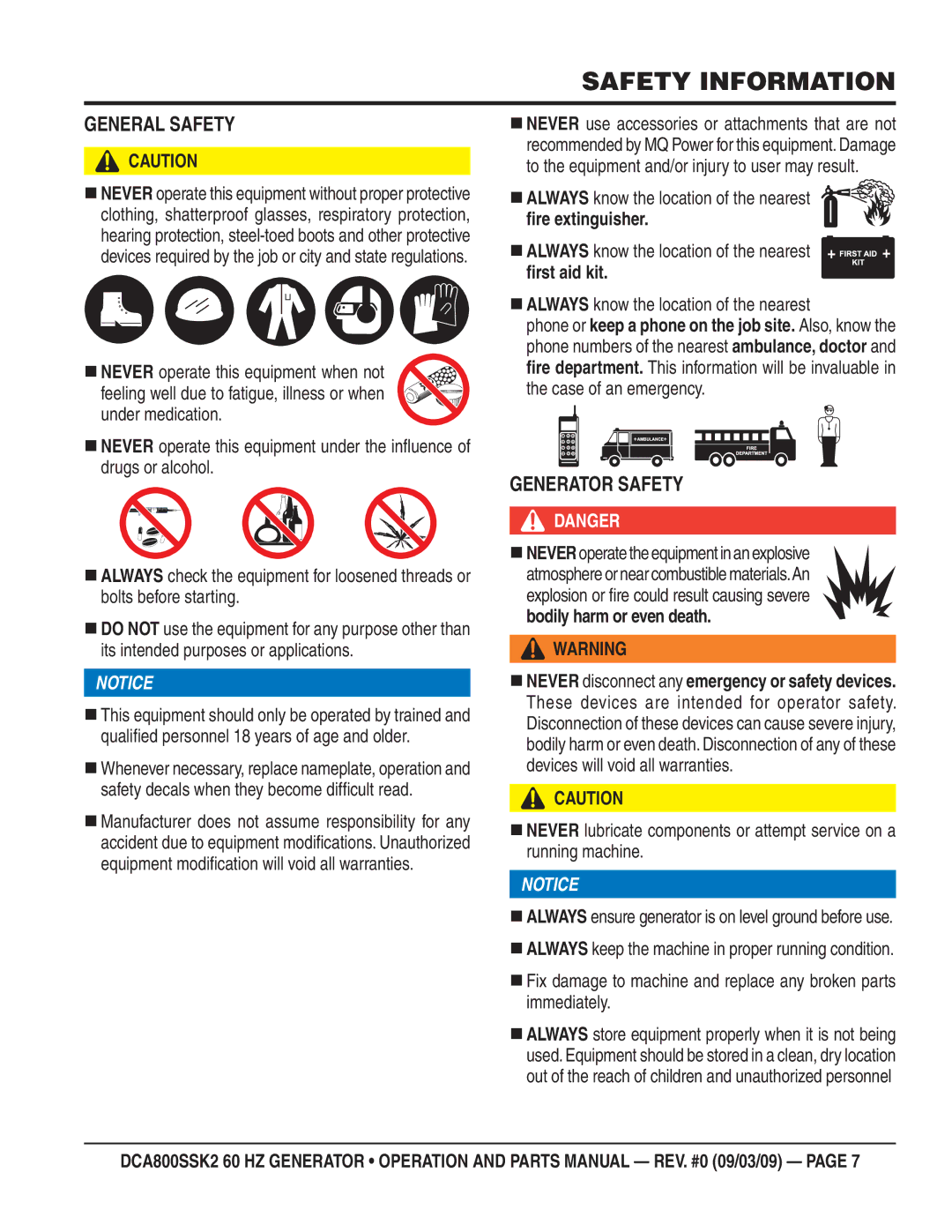 Multiquip DCA800SSK2 manual General Safety, Generator Safety,  Always know the location of the nearest 