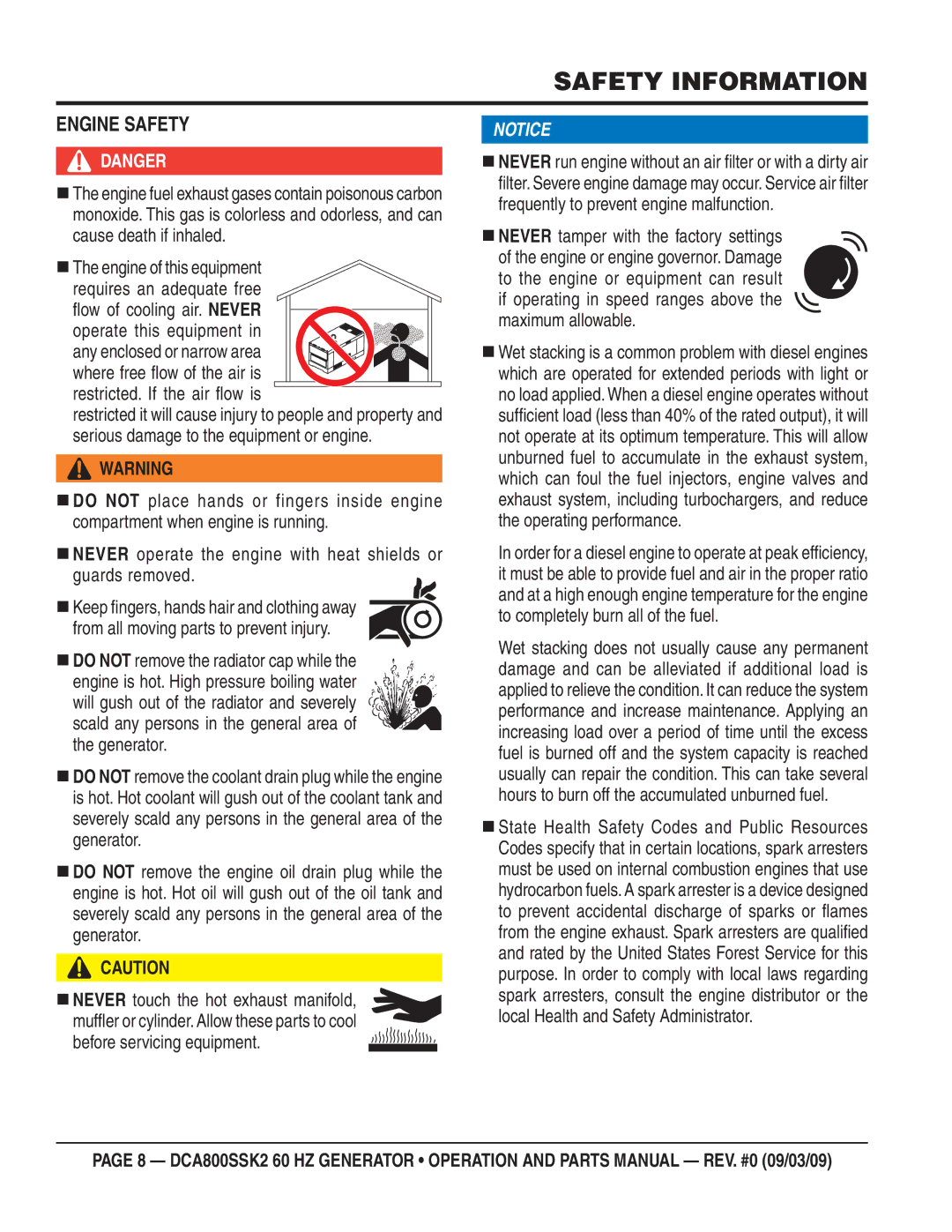 Multiquip DCA800SSK2 manual Engine Safety, Before servicing equipment 