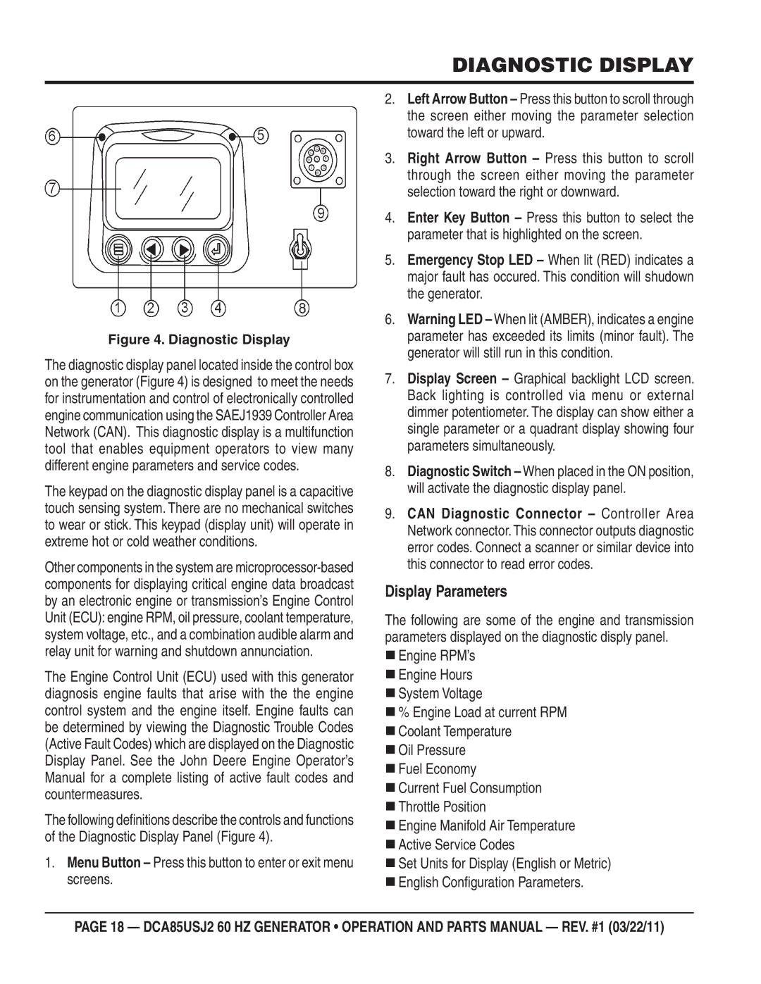 Multiquip DCA85usJ2 Diagnostic Display, Display Parameters, Menu Button Press this button to enter or exit menu screens 