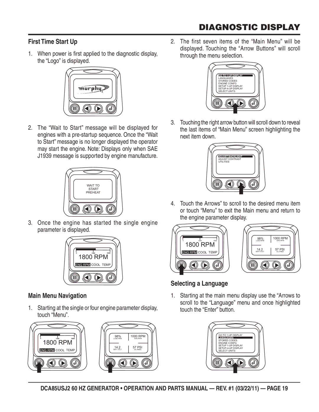 Multiquip DCA85usJ2 manual First Time Start Up, Main Menu Navigation, Selecting a Language 