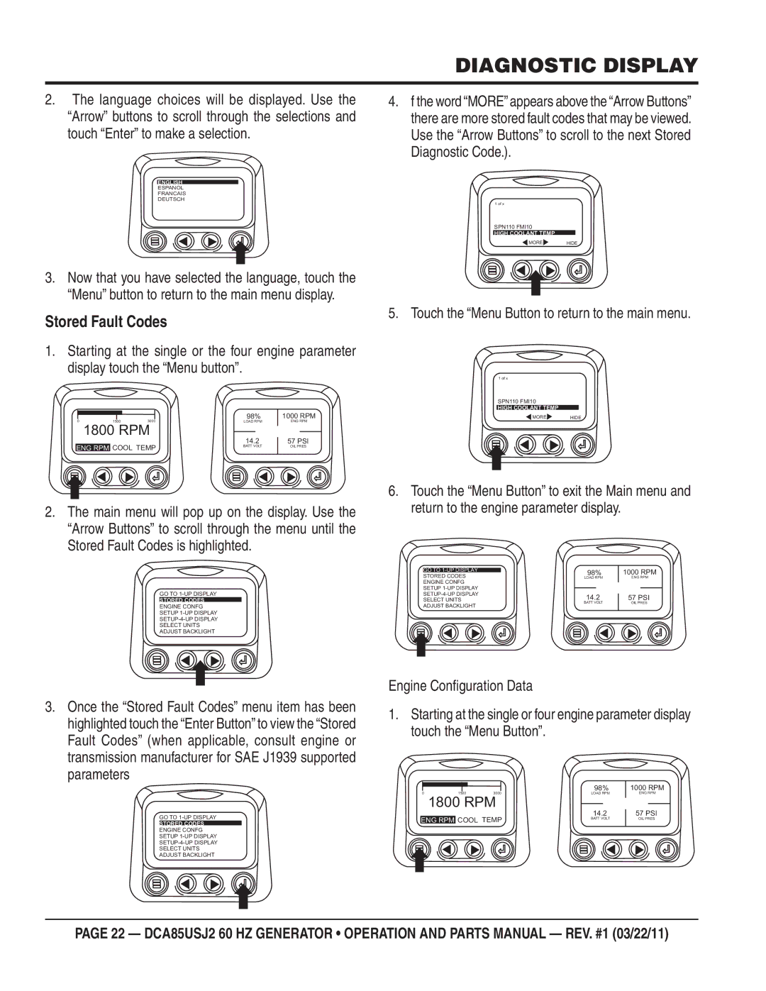 Multiquip DCA85usJ2 manual Touch the Menu Button to return to the main menu 