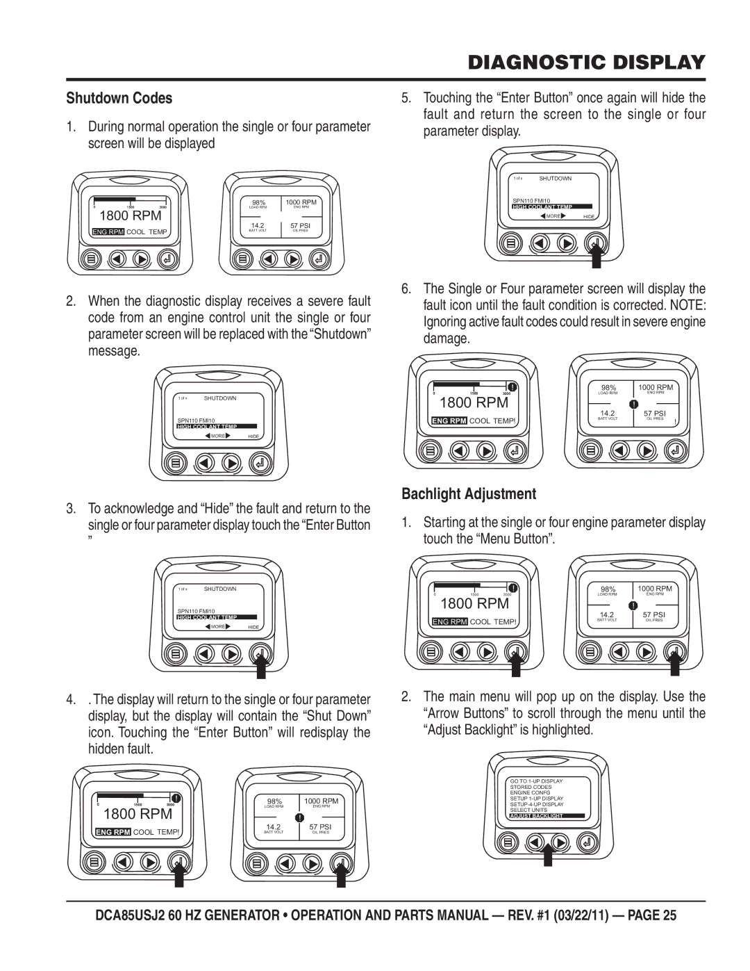 Multiquip DCA85usJ2 manual Shutdown Codes, Bachlight Adjustment 