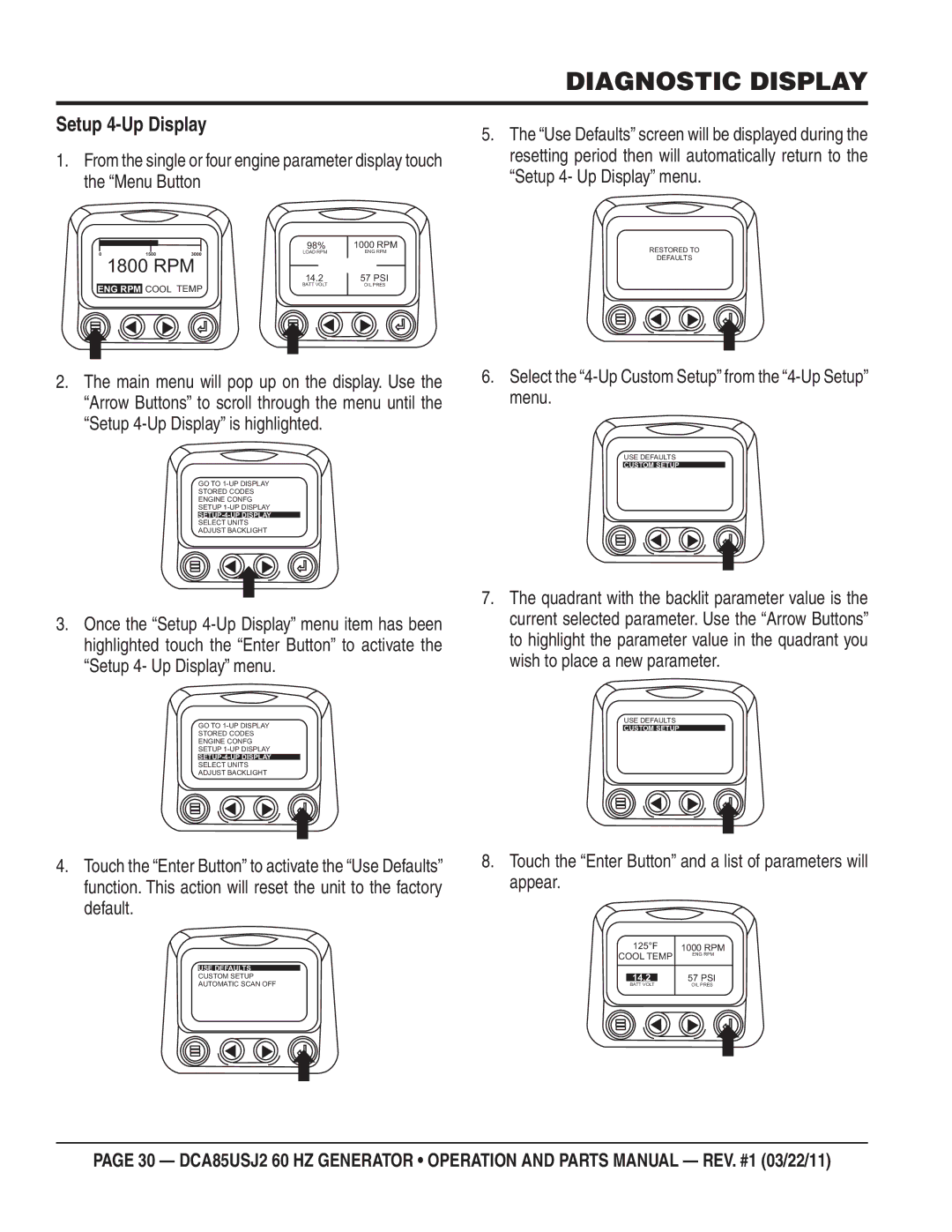 Multiquip DCA85usJ2 manual Setup 4-Up Display, Select the 4-Up Custom Setup from the 4-Up Setup menu 