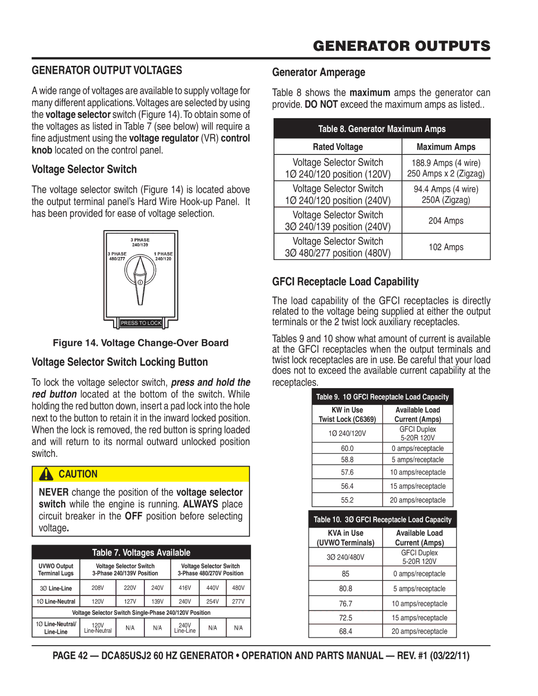 Multiquip DCA85usJ2 manual Generator Outputs, Generator Output Voltages 