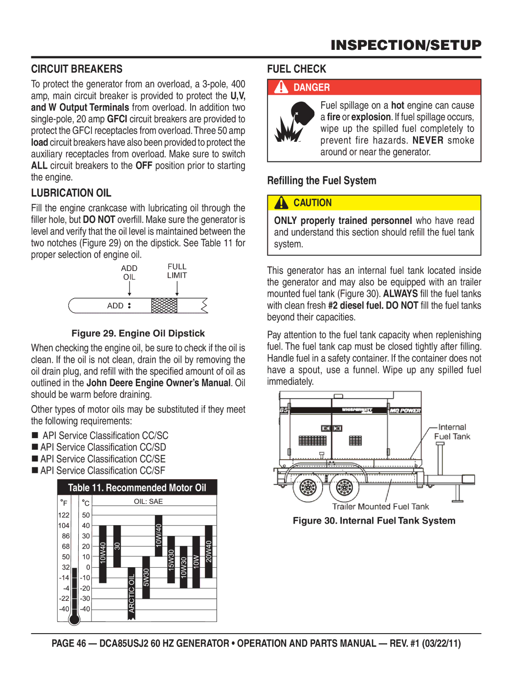 Multiquip DCA85usJ2 manual Inspection/Setup, Circuit Breakers, Lubrication OIL, Fuel Check, Reﬁlling the Fuel System 