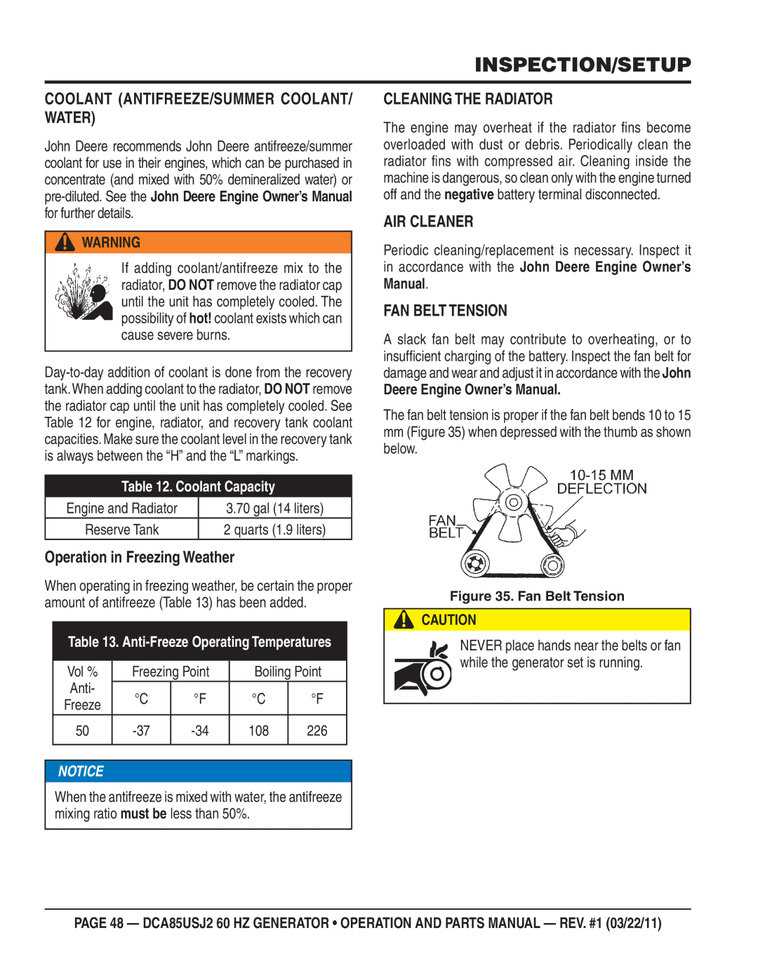 Multiquip DCA85usJ2 manual Coolant ANTIFREEZE/SUMMER COOLANT/ Water, Operation in Freezing Weather, Cleaning the Radiator 