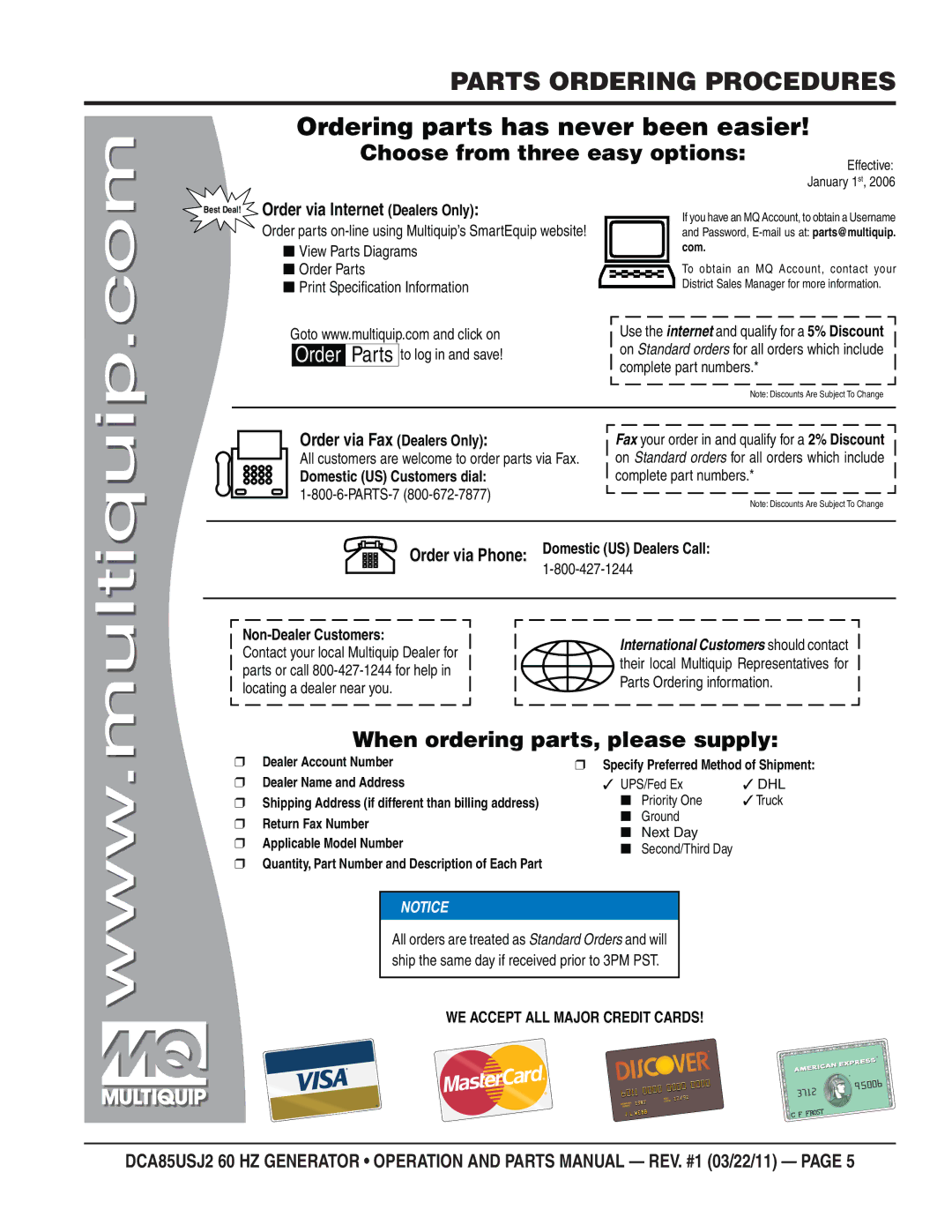 Multiquip DCA85usJ2 manual Parts Ordering Procedures, Ordering parts has never been easier 