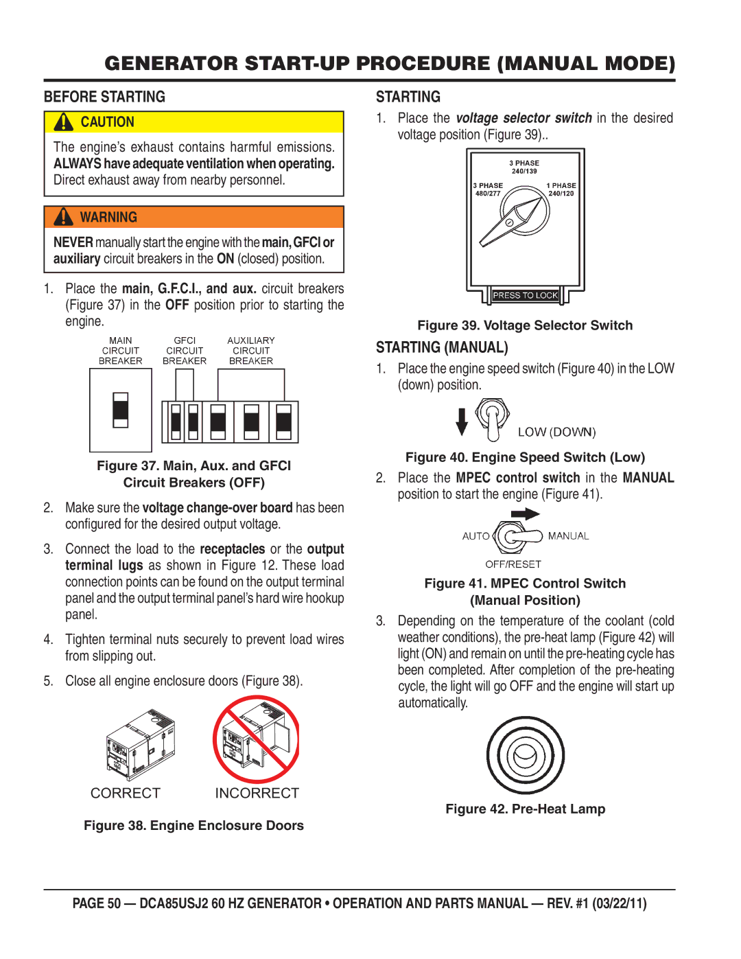 Multiquip DCA85usJ2 manual Generator START-UP Procedure Manual Mode, Before Starting, Starting Manual 