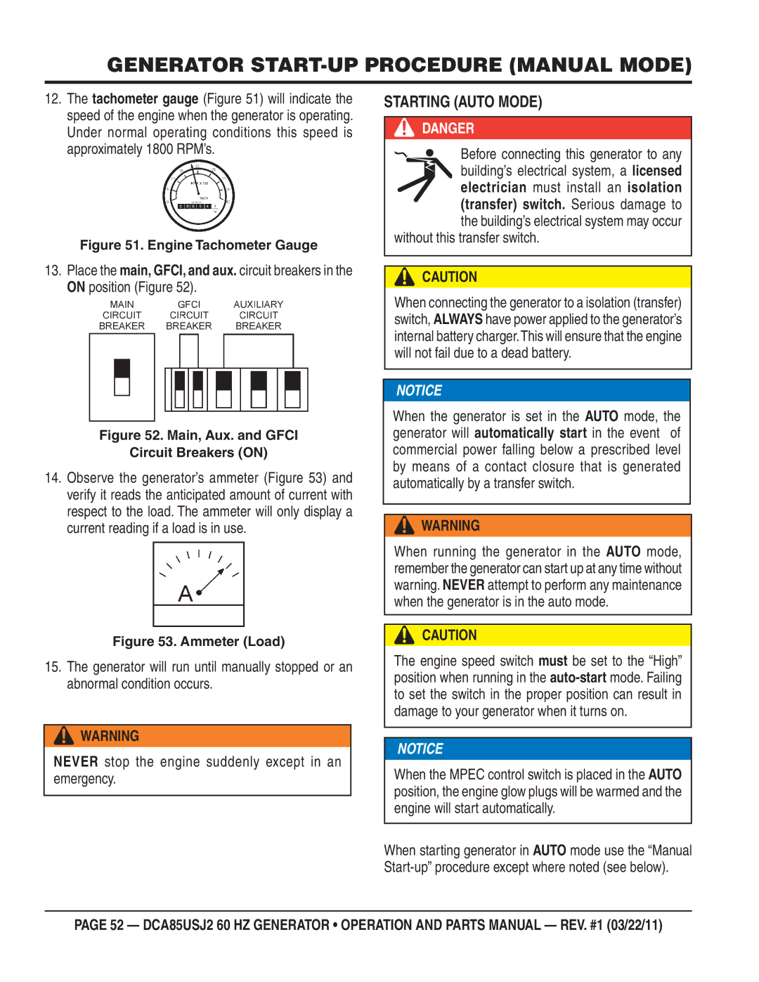 Multiquip DCA85usJ2 manual Starting Auto Mode, Before connecting this generator to any, Without this transfer switch 