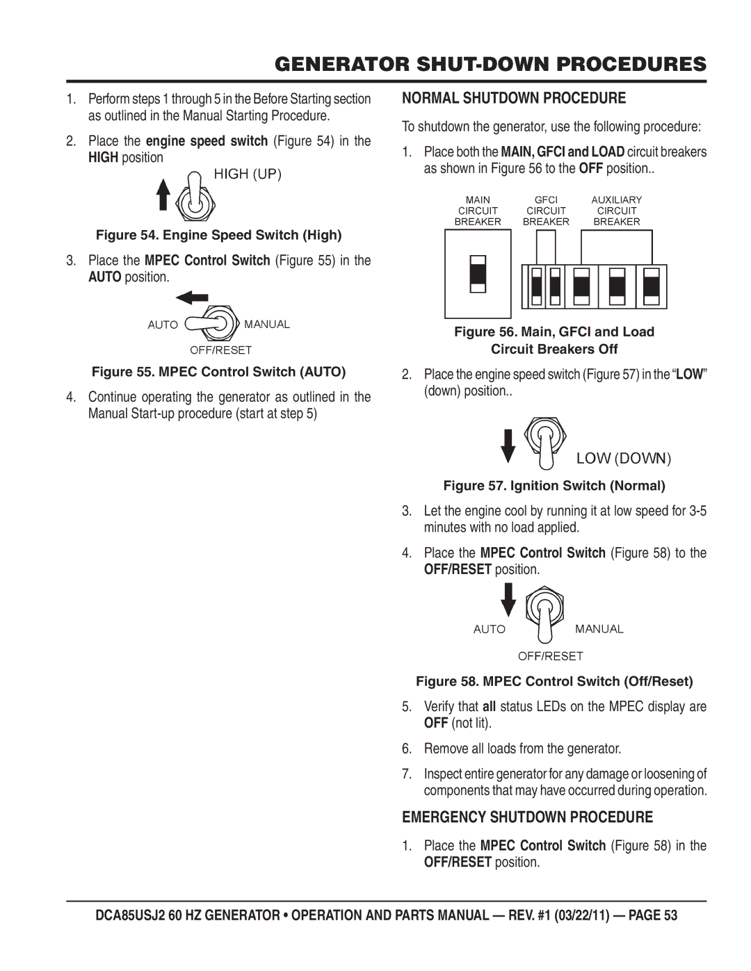 Multiquip DCA85usJ2 manual Generator SHUT-DOWN Procedures, Normal Shutdown Procedure, Emergency Shutdown Procedure 