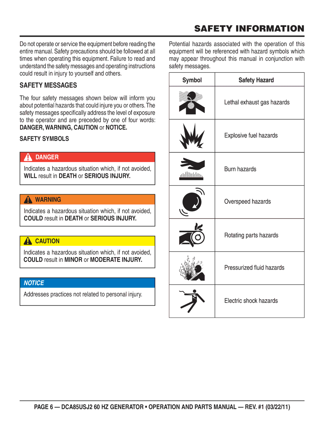 Multiquip DCA85usJ2 manual Safety Information, Safety Messages 