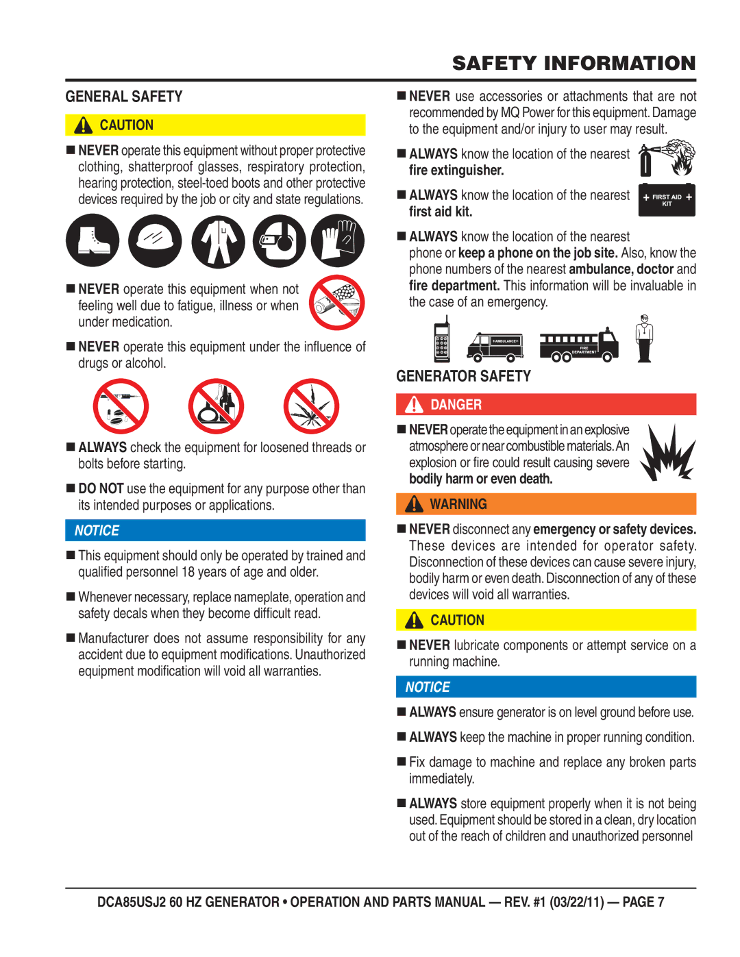 Multiquip DCA85usJ2 manual General Safety, Generator Safety,  Always know the location of the nearest 