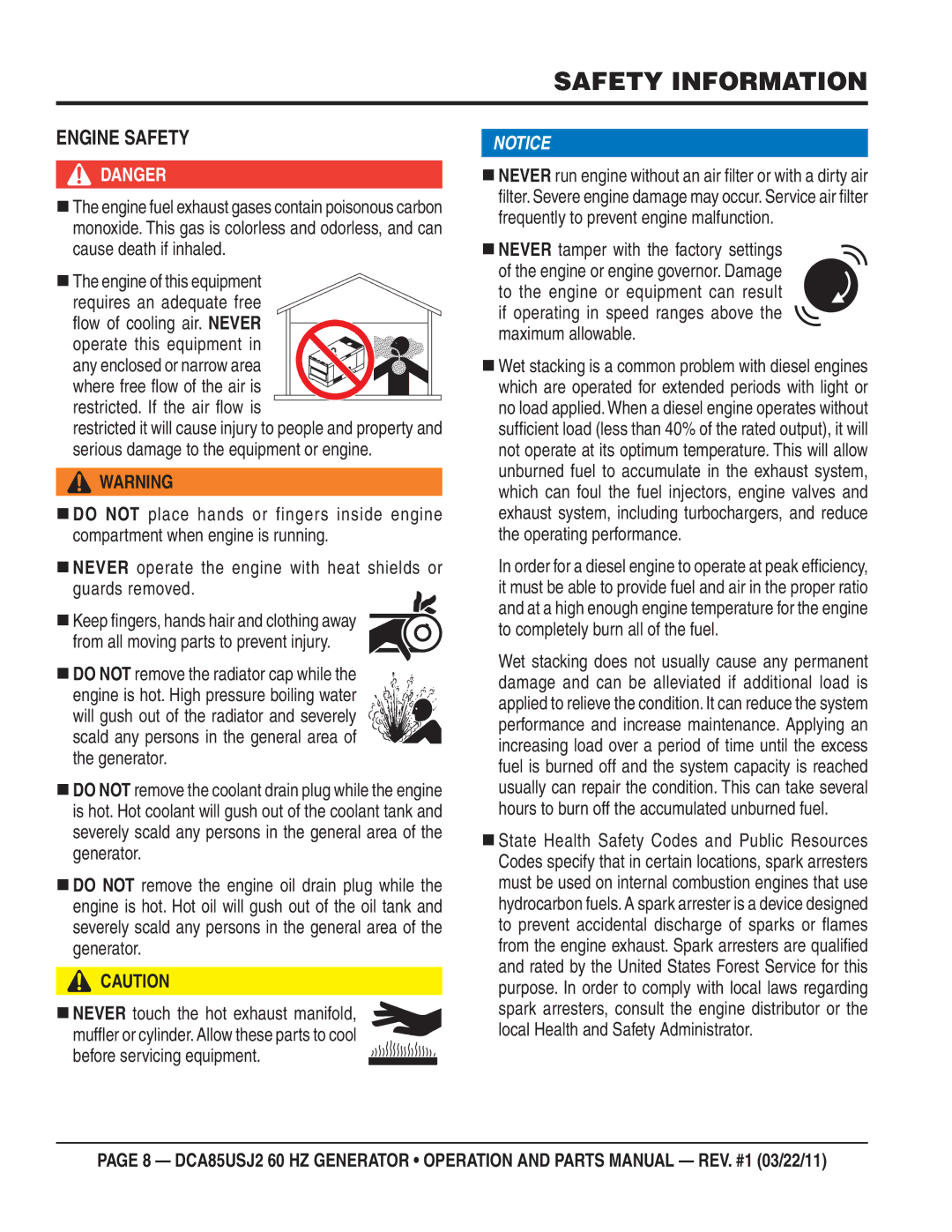 Multiquip DCA85usJ2 manual Engine Safety, Before servicing equipment 