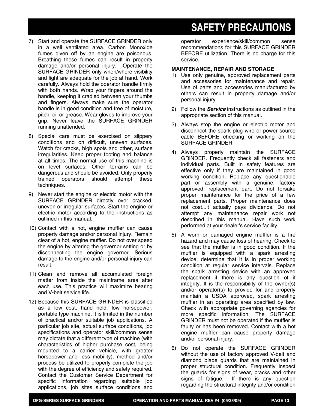 Multiquip DFG Series manual MAINTENANCE, Repair and Storage, Surface Grinder 