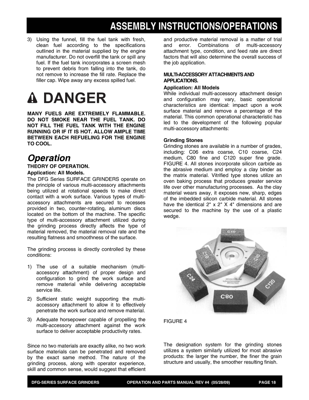 Multiquip DFG Series manual Theory of Operation, MULTI-ACCESSORY Attachments and Applications, Grinding Stones 