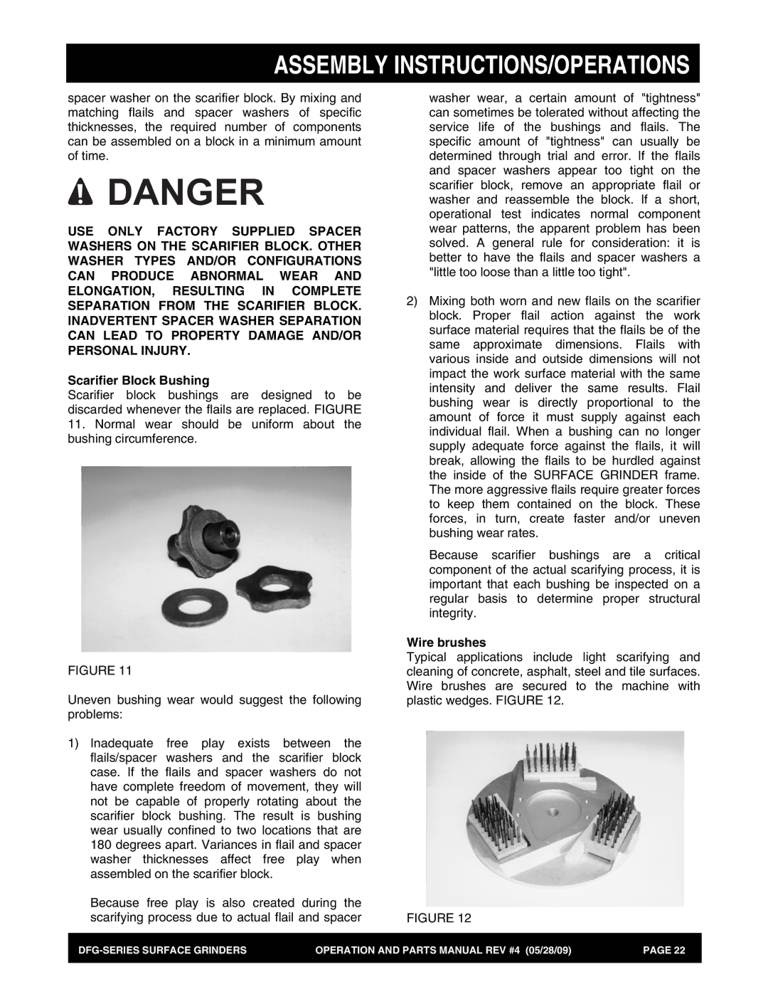 Multiquip DFG Series manual Scarifier Block Bushing, Wire brushes 